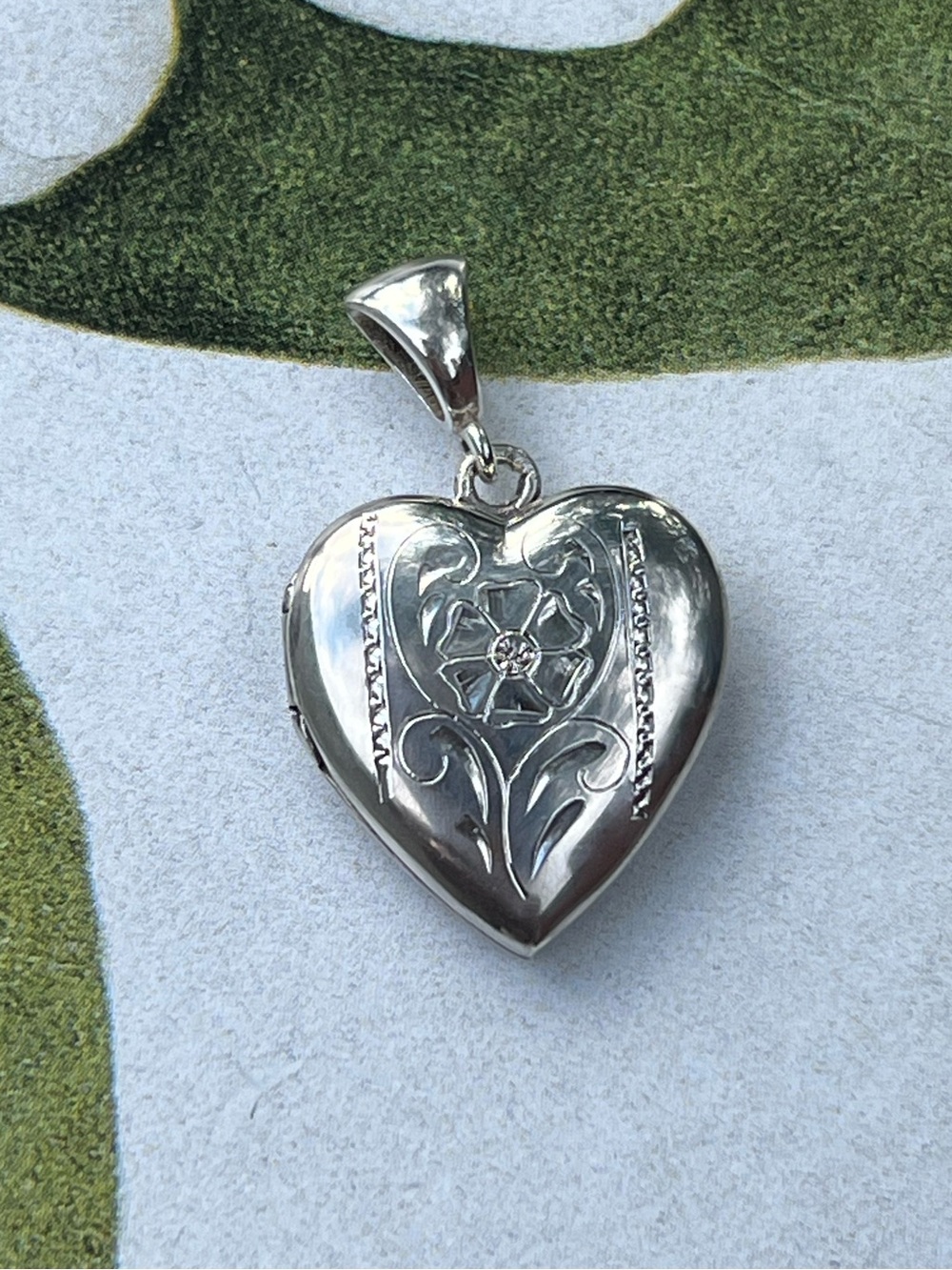 Sterling Silver Heart Locket Pendant with Floral Engraving